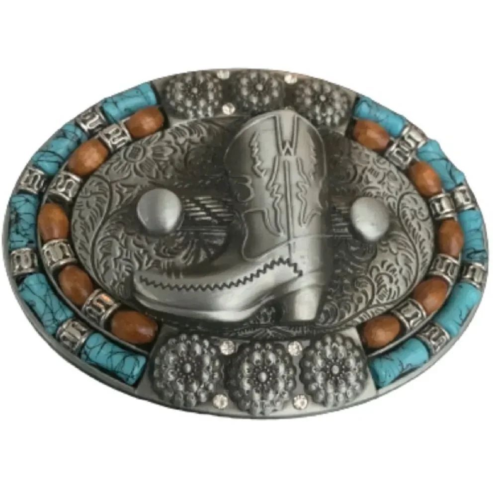Boot Belt Buckle – Antiqued Silver Finish with Faux Turquoise, Western Cowgirl